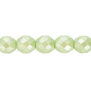 Bead, Czech fire-polished dipped décor glass, pearlescent lime green, 10mm faceted round. Sold per 15-1/2" to 16" strand.