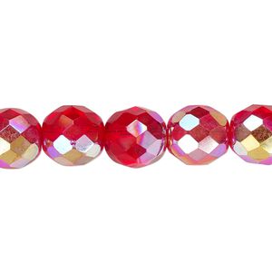 Bead, Czech fire-polished glass, light red AB, 10mm faceted round. Sold per pkg of 600 (1/2 mass).