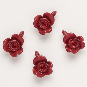 Charm, "pewter" (zinc-based alloy) and enamel, dark red, 17x13mm flower. Sold per pkg of 4.