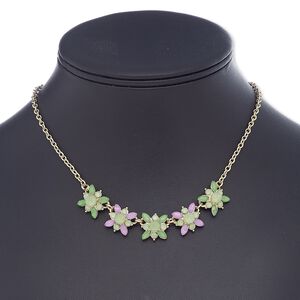 Necklace, acrylic / glass rhinestone / gold-finished steel / "pewter" (zinc-based alloy), green / light green / purple, 17x17mm flower, 16 inches with 2-inch extender chain and lobster claw clasp. Sold individually.