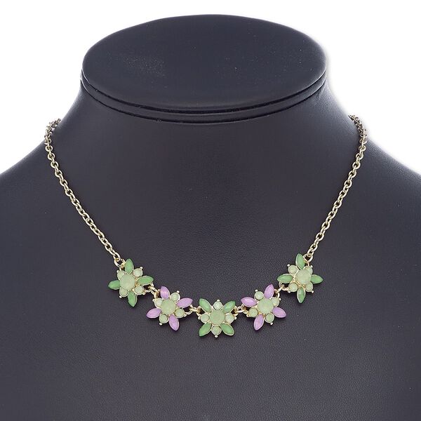 Necklace, acrylic / glass rhinestone / gold-finished steel / "pewter" (zinc-based alloy), green / light green / purple, 17x17mm flower, 16 inches with 2-inch extender chain and lobster claw clasp. Sold individually. image number 0