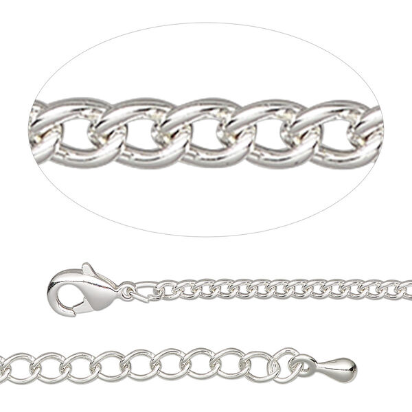 Chain, silver-plated steel and brass, 2.2mm curb, 18 inches with 2-inch extender chain and lobster claw clasp. Sold individually. image number 0