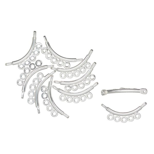 Connector, silver-plated brass, 16x3mm curved flat end bar. Sold per pkg of 10. image number 0