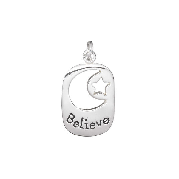Charm, sterling silver, 19x13mm single-sided rectangle with cutout moon and star with "Believe." Sold individually. image number 0