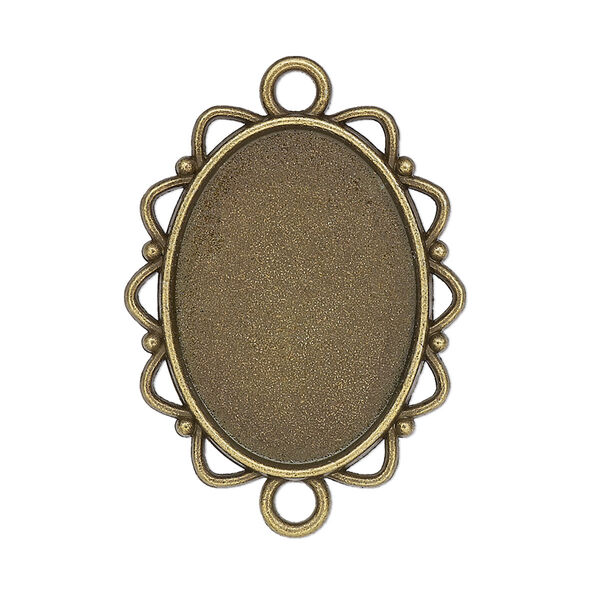 Link, glue-in, antique brass-finished "pewter" (zinc-based alloy), 28x25mm single-sided fancy oval with 25x18mm oval setting. Sold per pkg of 2. image number 0
