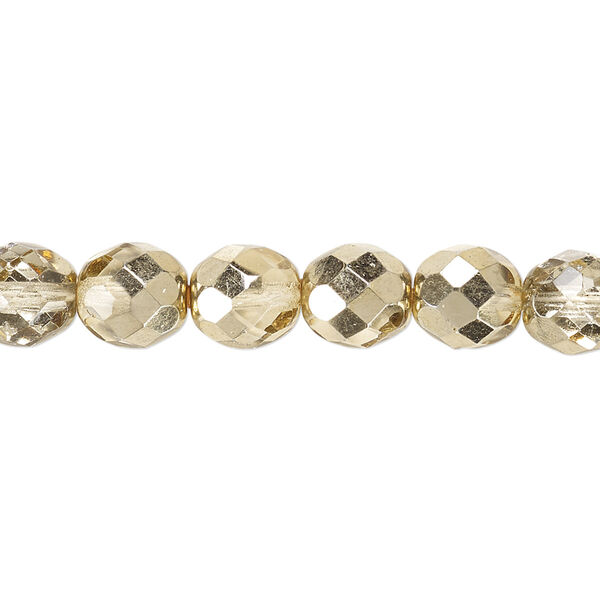 Bead, Czech fire-polished glass, clear with half-coat metallic pale gold, 8mm faceted round. Sold per 15-1/2" to 16" strand. image number 0