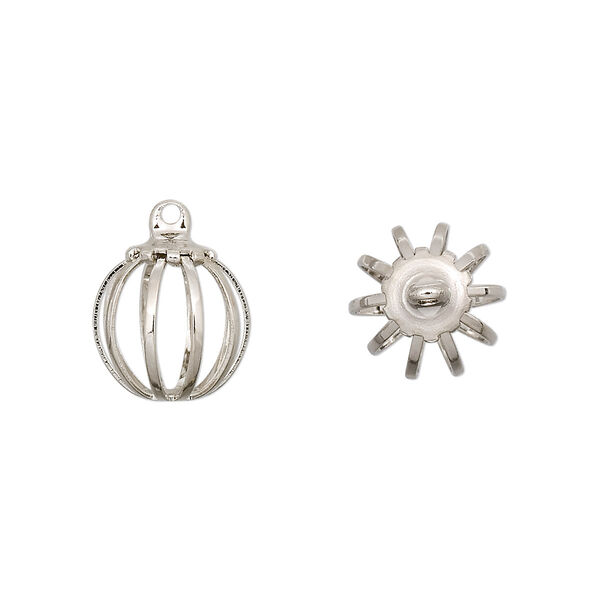 Drop, imitation nickel-plated steel and brass, 11mm round bead cage. Sold per pkg of 100. image number 0