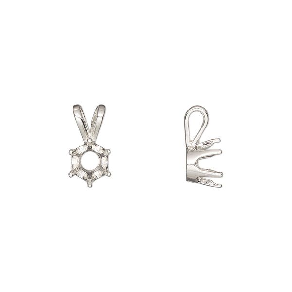 Pendant, Sure-Set™, sterling silver, 6.5mm pre-notched 6-prong round setting. Sold individually. image number 0