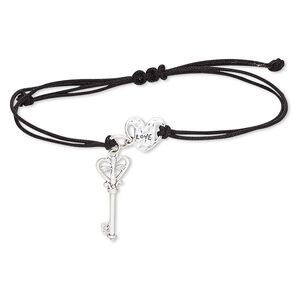 Bracelet, waxed cotton cord and antiqued sterling silver, black, 9mm heart and 24x10mm key, adjustable from 6-9 inches with macramé knot closure. Sold individually.