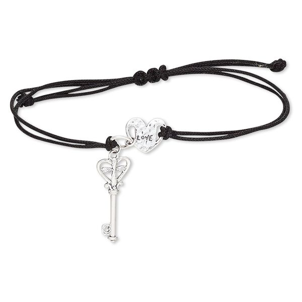 Bracelet, waxed cotton cord and antiqued sterling silver, black, 9mm heart and 24x10mm key, adjustable from 6-9 inches with macramé knot closure. Sold individually. image number 0