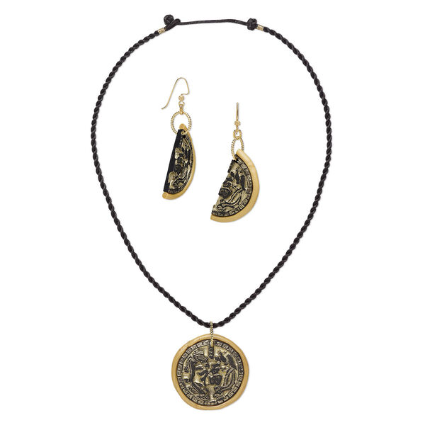 Necklace and earring set, One of a Kind Jewelry, polymer clay / nylon / gold-plated brass, gold and black, 20-inch necklace. Only one available. image number 0