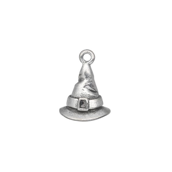 Charm, pewter (tin-based alloy), pkg/1, antiqued, 15x12mm witch/wizard hat with buckle. image number 0