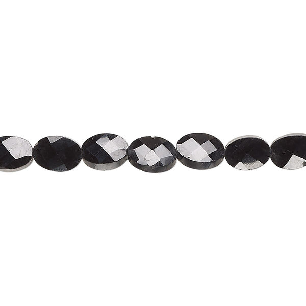 Bead, black spinel (natural), 7x4mm-7x5mm hand-cut faceted puffed oval, B+ grade, Mohs hardness 8. Sold per 13-inch strand, approximately 45 beads. image number 0