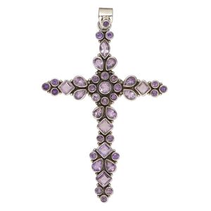 Pendant, amethyst (natural) and antiqued sterling silver, 3x2-1/4 inch cross. Sold individually.