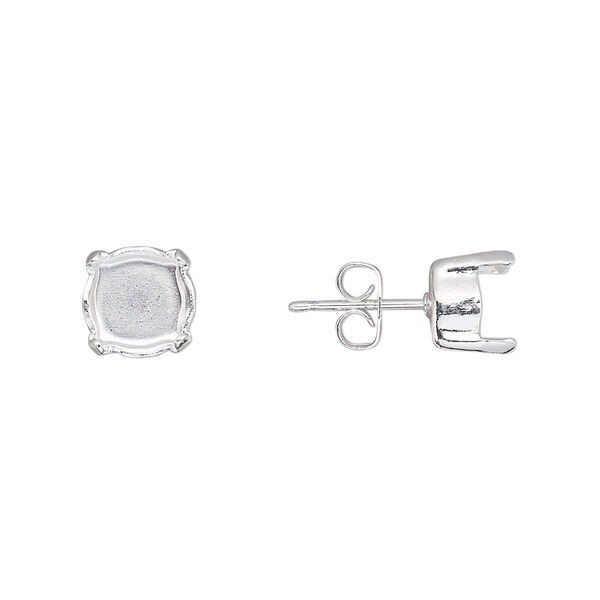 Earstud, silver-plated brass and steel, 8mm with post and SS39 4-prong chaton setting, 21 gauge. Sold per pkg of 2 pairs. image number 0