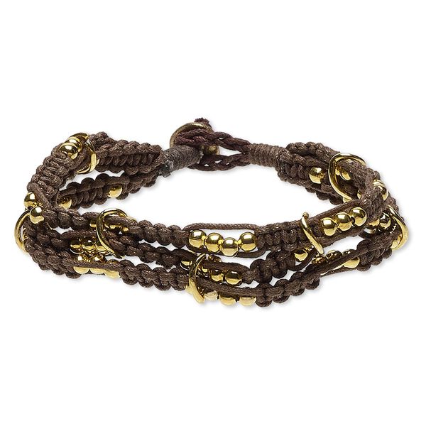 Bracelet, 3-strand, waxed cotton cord with gold-finished steel and "pewter" (zinc-based alloy), brown, 17mm wide, 7 inches with button clasp. Sold individually. image number 0