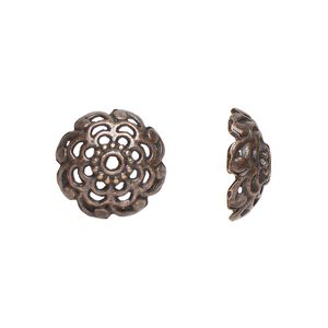 Bead cap, antiqued copper-finished "pewter" (zinc-based alloy), 15x6mm open flower round, fits 12-13mm beads. Sold per pkg of 20.