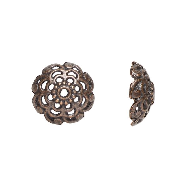 Bead cap, antiqued copper-finished "pewter" (zinc-based alloy), 15x6mm open flower round, fits 12-13mm beads. Sold per pkg of 20. image number 0
