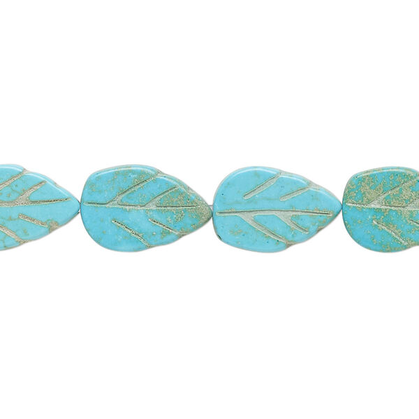 Bead, magnesite (dyed / stabilized), blue-green, 13x8mm-14x9mm carved leaf, C grade, Mohs hardness 3-1/2 to 4. Sold per 15-inch strand. image number 0