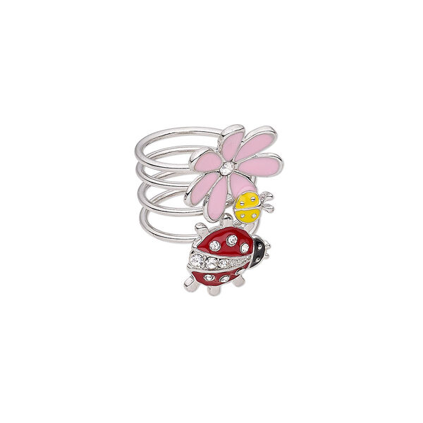 Ring, enamel / glass rhinestone / imitation rhodium-finished "pewter" (zinc-based alloy), multicolored, 35mm wide with ladybug and flowers, size 8. Sold individually. image number 0