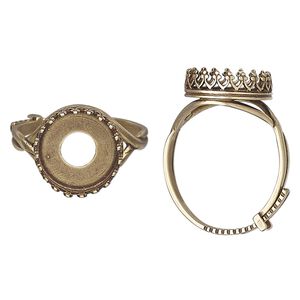 Ring, JBB Findings, antiqued brass, 13.5mm wide with decorative trim and 12mm round bezel setting, adjustable from size 8-11. Sold individually.