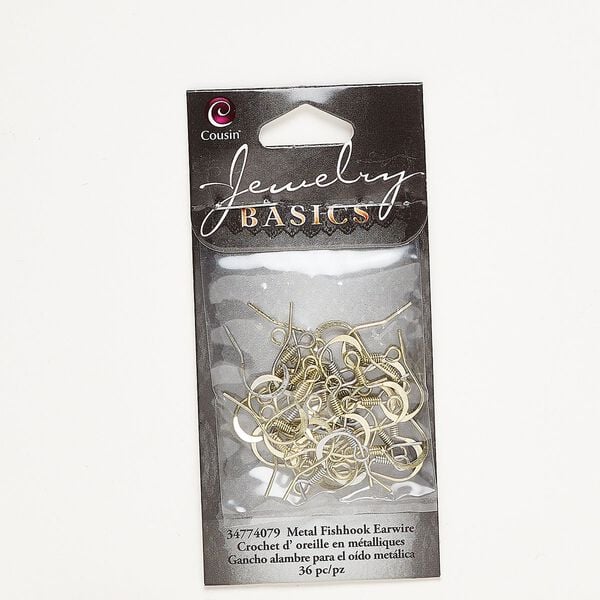 Ear wire mix, silver- and brass-finished brass and steel, 15mm fishhook with 5mm coil, 21 gauge. Sold per pkg of 18 pairs. image number 0