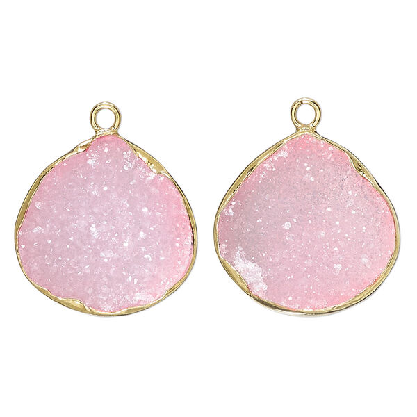 Drop, druzy agate (dyed) and gold-finished sterling silver, pink, 20x20mm single-sided teardrop. Sold per pkg of 2. image number 0