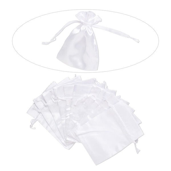 Pouch, satin, white, 6-1/4 x 4-3/4 inches with drawstring closure. Sold per pkg of 10. image number 0