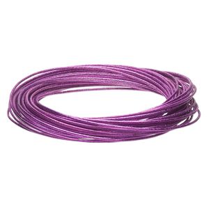 Bracelet, bangle, painted steel, metallic purple, 12mm wide with (40) interlocking textured bands, 8 inches. Sold individually.