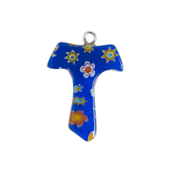 Component 1pkg1, silver-finished steel / millefiori glass, translucent cobalt blue / multicolored, 25x19mm-28x20mm letter "T". image number 0