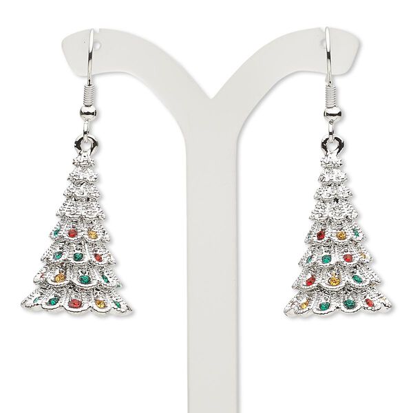 Earring, Czech glass rhinestone and imitation rhodium-plated "pewter" (zinc-based alloy), red / green / yellow, 1-7/8 inches with Christmas tree and fishhook ear wire. Sold per pair. image number 0
