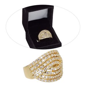 Ring, Czech glass rhinestone and gold-finished brass, clear, 19mm wide with overlay knot, size 8. Sold individually.