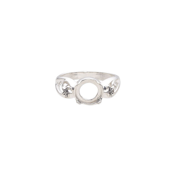 Ring, antiqued sterling silver, 9mm band with starfish design and open back with 8mm round cabochon 4-prong setting, size 7. Sold individually. image number 0