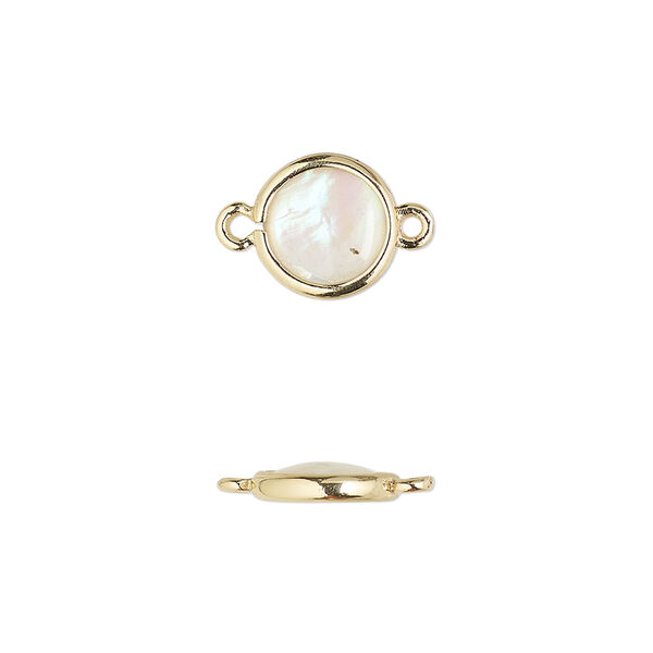 Link, mother-of-pearl shell and gold-finished brass (assembled), 9.5mm-10.5mm double-sided round. Sold per pkg of 4. image number 0