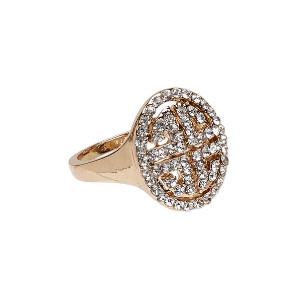 Ring, Egyptian glass rhinestone and rose gold-finished "pewter" (zinc-based alloy), clear, 18x14mm oval with Greek key design, size 8-3/4. Sold individually. image number 0