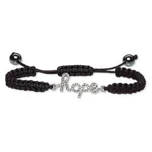 Bracelet, Hemalyke™ (man-made) / waxed cotton cord / glass rhinestone / silver-plated "pewter" (zinc-based alloy), black and clear, 28x15.5mm "hope," adjustable from 7-9 inches with macramé knot closure. Sold individually.