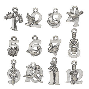 Charm, antiqued pewter (tin-based alloy), assorted double-sided Twelve Days of Christmas theme. Sold per 12-piece set.