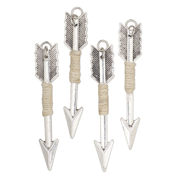 Focal, antique silver-finished "pewter" (zinc-based alloy) and hemp, tan, 2-3/8x1/2-inch double-sided arrow with steel jump ring. Sold per pkg of 4. image number 0