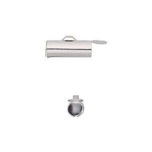 End bar, silver-finished brass, 14x5mm round tube with fold-in ends, 4mm inside diameter. Sold per pkg of 10.