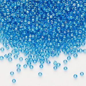 Seed bead, Dyna-Mites™, glass, pkg/40g, #11 round, translucent rainbow teal blue, (15R 11/0 RR).