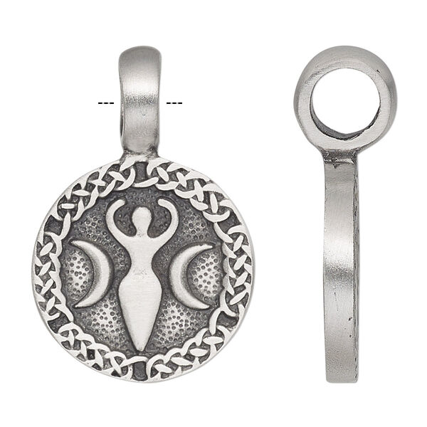 Pendant, antiqued pewter (tin-based alloy), 35x23mm single-sided round moon goddess. Sold individually. image number 0