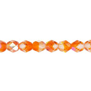 Bead, Czech fire-polished glass, two-tone, translucent clear and orange AB, 6mm faceted round. Sold per 15-1/2" to 16" strand.