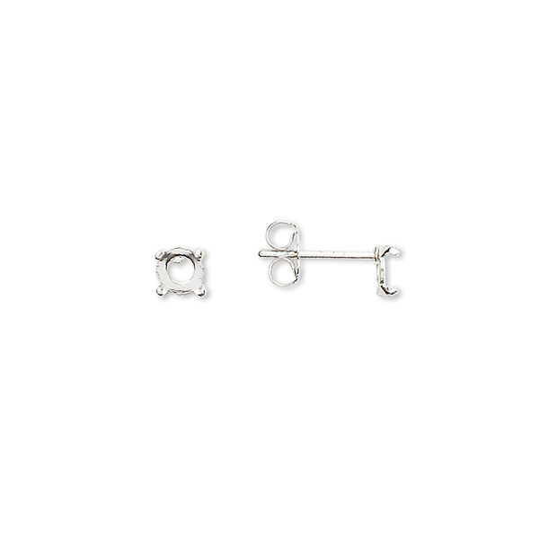 Earstud, Cab-Tite™, sterling silver, 4mm 4-prong round setting. Sold per pkg of 2 pairs. image number 0