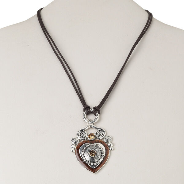 Necklace, antique silver-plated "pewter" (zinc-based alloy) and steel and/or brass / epoxy / waxed cotton cord / Czech glass rhinestone, brown and topaz, 51x41mm single-sided heart, 16 inches with lobster claw clasp and 3-1/2 inch extender chain. Sold individually. image number 0