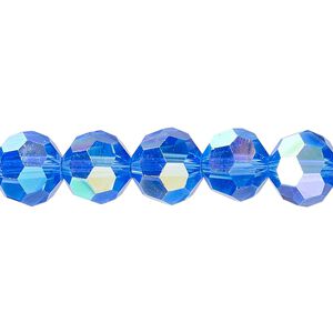 Bead 1pk 32 facets translucent medium blue AB, Celestial Crystal® 10mm round 15.5-16 inch