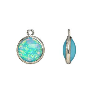 Drop, Opalized Ice™, "opal" (resin) and imitation rhodium-finished brass, opaque light blue, 14mm double-sided round .Sold per pkg of 4.
