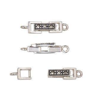 Clasp fold-over 1pkg1 sterling silver / marcasite (natural), 17x6mm rectangle / closed loop, antiqued 1-strand