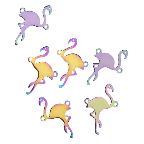 Link, electro-coated stainless steel, rainbow, 25x13mm double-sided flamingo. Sold per pkg of 6. image number 0