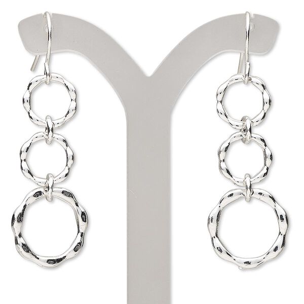Earring, silver-finished brass and "pewter" (zinc-based alloy), 1-3/4 inches with 3-ring design and fishhook ear wire. Sold per pair. image number 0