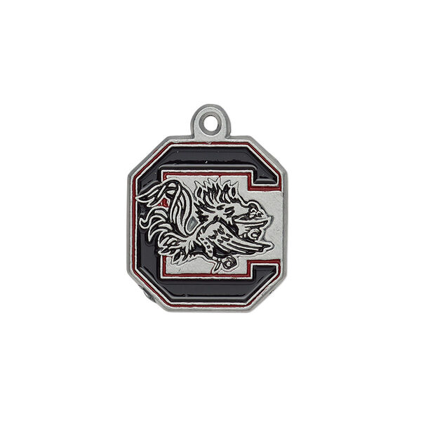 Charm, enamel and "pewter" (zinc-based alloy), black and red, 19x17mm single-sided South Carolina Gamecocks. Sold individually. image number 0